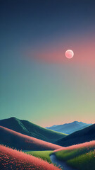 Aesthetic fantasy-style digital landscape featuring textured hills and crescent moon; ideal for branding, NFT design, desktop visuals, or social storytelling assets