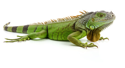 Fototapeta premium A green iguana resting on a clean white background. The reptile's vivid scales and detailed texture are clearly visible in this studio shot.