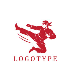Bold silhouette logo of a male pencak silat fighter executing a spinning kick. Traditional headband and outfit emphasize cultural pride, while sweeping motion lines amplify energy and impact.