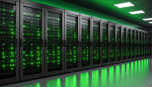 Rows of dark gray server cabinets illuminated by glowing green lights, reflecting on a white floor - Powered by Adobe