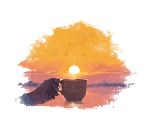 Hand holding mug at sunrise painting