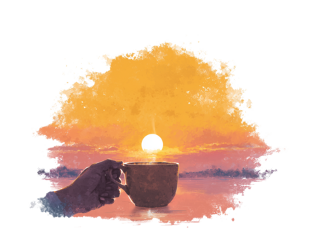 Hand holding mug at sunrise painting