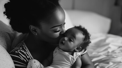 Mother lovingly kisses baby's head in tender embrace
