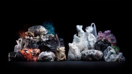 Garbage bags filled with plastic bottles, glass, paper, and hazardous waste piled at home or office, highlighting environmental harm and fire risks from improper disposal and recycling methods.