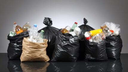 Garbage bags filled with plastic bottles, glass, paper, and hazardous waste piled at home or office, highlighting environmental harm and fire risks from improper disposal and recycling methods.