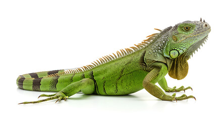 Fototapeta premium A green iguana resting on a clean white background. The reptile's vivid scales and detailed texture are clearly visible in this studio shot.