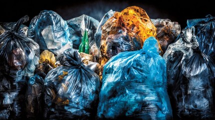 Garbage bags filled with plastic bottles, glass, paper, and hazardous waste piled at home or office, highlighting environmental harm and fire risks from improper disposal and recycling methods.