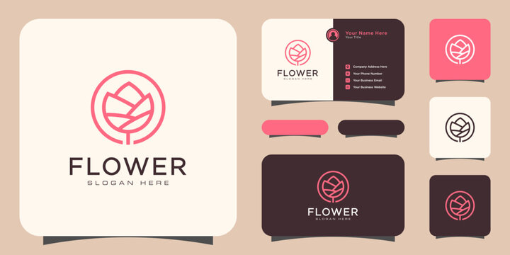Flower mono line luxury logo with business card design