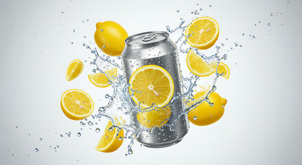 Lemonade Can with Splashing Water and Lemons