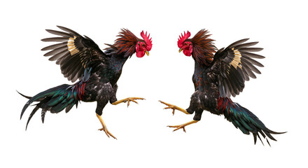 Two roosters in a dramatic mid-air fight on a white background. Traditional cockfighting pose with vibrant feathers and dynamic motion.