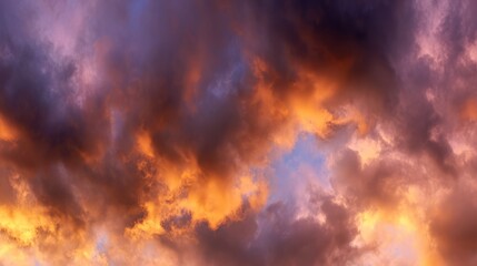 Dramatic sunrise with gradient orange and purple clouds, creating a panoramic abstract sky view.
