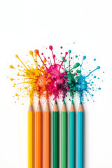 The image features five colored pencils on a white background, surrounded by vibrant paint splashes, creating an abstract and energetic display representing creativity and artistic expression.