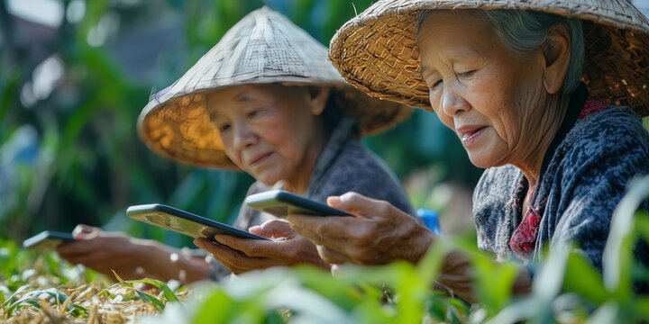 Elderly ladies tending plants and checking their phones.