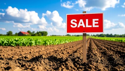 Obraz premium Rural land sale sign in a sunlit field