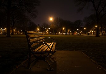 An empty public park lies silent under a glowing street lamp in the night, with a lone bench beneath it.