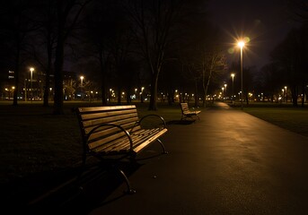 A bench rests in the quiet of a public park, softly lit by a street lamp in the night.