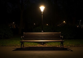 An empty bench sits quietly under the soft glow of a street lamp at night in the park.