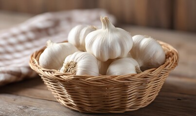 Several whole garlic bulbs with clean white papery skins, resting in a breathable woven basket at room temperature