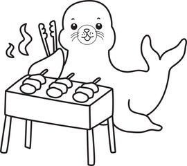 Coloring pages of cute seal stock illustration.