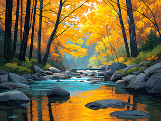 Crystal-clear stream flowing through glowing autumn woods