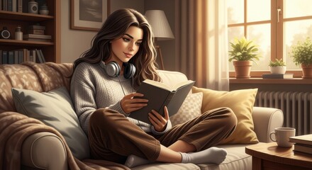 Obraz premium Young woman peacefully reading a book while relaxing on a comfortable couch