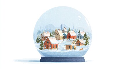 Obraz premium A whimsical, illustrated snow globe scene showcases a winter village with snow-covered houses