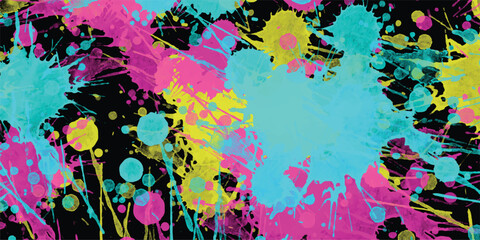 Colorful artistic paint splatters abstract background featuring vibrant splashes of teal pink and yellow on a black surface perfect for design projects