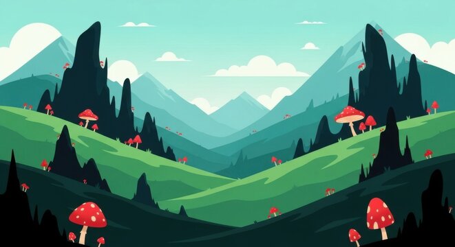 Enchanting pixel art landscape with rolling hills and surreal mushroom forest