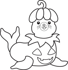 Coloring pages of cute seal stock illustration. Halloween costume.