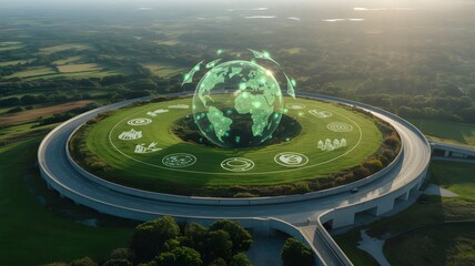 Futuristic eco friendly cityscape with holographic globe and renewable energy symbols
