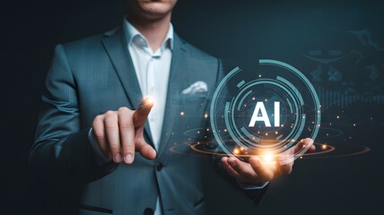 Businessman interacting with a glowing ai interface hologram in a futuristic digital world