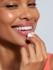 Close-up of woman smiling while applying lip balm