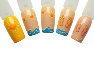 decorative nail tips with summer beach designs isolated on transparent background