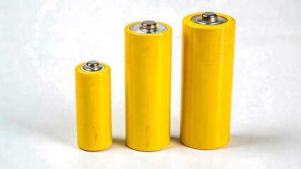 Three yellow batteries of different sizes on white background for energy and portable power concept
