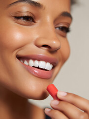 Close-up of woman smiling while applying lip balm