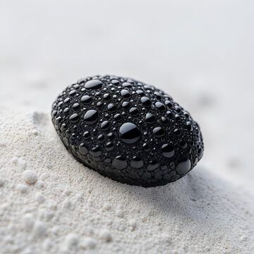 Exquisite macro capture of a tektite with its unique glossy black surface pitted with small craters lying on a contrasting bed of white sand under soft light