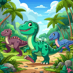 Naklejka premium Whimsical cartoon depiction of three small dinosaurs exploring a tropical jungle. The scene is bright and vibrant, emphasizing the friendly nature of the prehistoric characters.