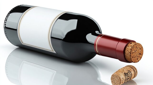 A dark-glass wine bottle lies on its side, cork slightly askew, reflecting on a pristine white surface;  a blank label adorns the bottle