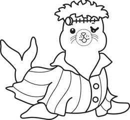 Coloring pages of cute seal stock illustration. Halloween costume.