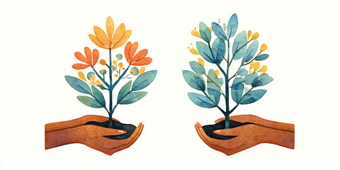 watercolor hands planting flowers, symbol of growth