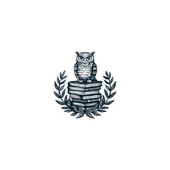 owl standing on a pile of books with laurel wreath design vector template illustration