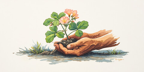 watercolor hands planting flowers, symbol of growth