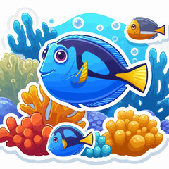 Obraz premium Cheerful cartoon depiction of various colorful fishes and coral reef formations.