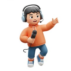 Cheerful Cartoon Character Singing with Microphone and Headset on White Background
