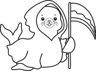 Coloring pages of cute seal stock illustration. Halloween costume.