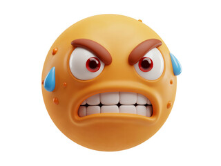 Close up of a furious yellow emoji face with furrowed brows and bared teeth isolated on transparent background