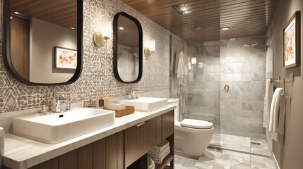 Modern bathroom featuring dual sinks, patterned tile backsplash, and glass-enclosed shower
