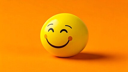 Fototapeta premium Yellow smiley face stress ball on vibrant orange background for happiness and positive emotion concept 