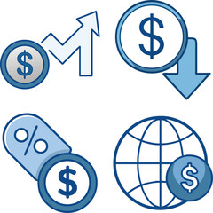 Financial concepts illustrated with dollar symbols arrows percentages and globe icons in blue colors