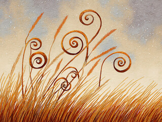 gentle wind creating spirals in tall dry grass